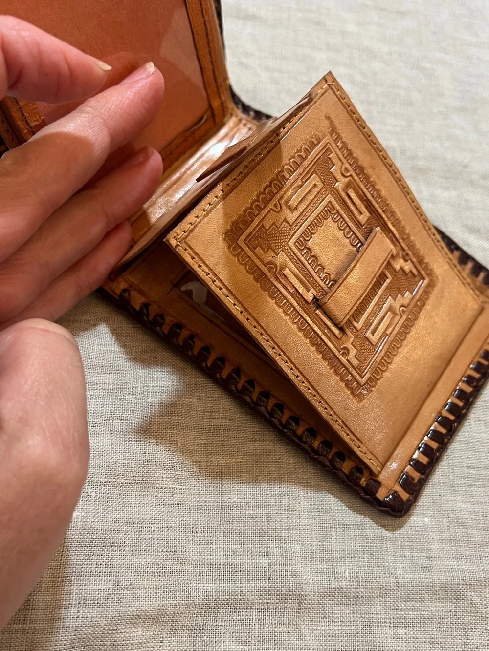 Hand-Tooled Leather Bifold Wallet - Tan with Dark Brown Trim